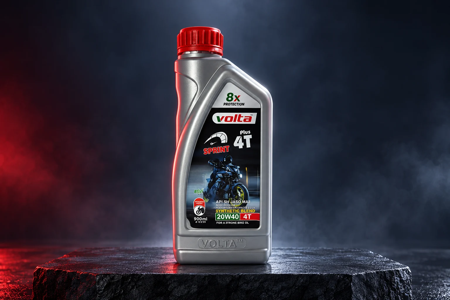 VOLTA 20W-40 4T ENGINE OIL — illustrative studio composition